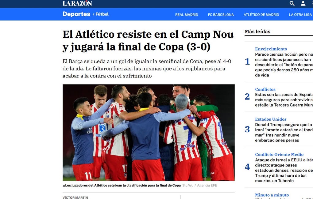 <strong>La Razón de España:</strong> El Atlético resiste en el Camp Nou y jugará la final de Copa (3-0)