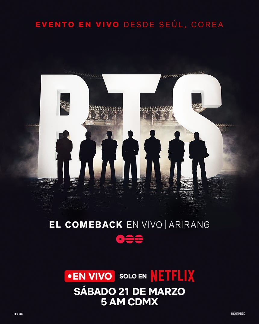 'BTS: El comeback en vivo | Arirang' será transmitido en vivo desde Seúl el 21 de marzo de 2026.