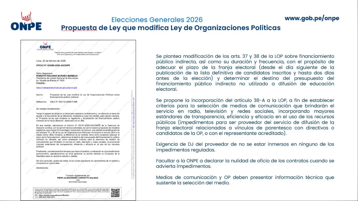  ONPE propone cambios a la ley para evitar vínculos entre partidos y medios en la franja electoral