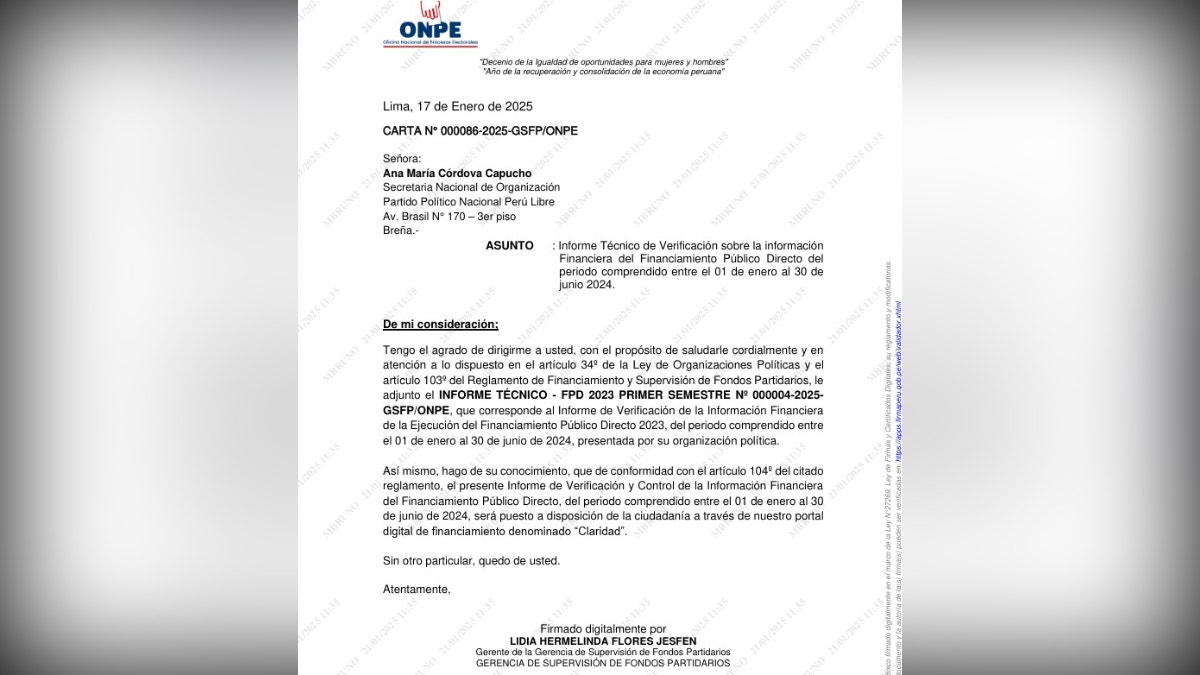 Informe técnico de ONPE sobre verificación financiera del partido Perú Libre 