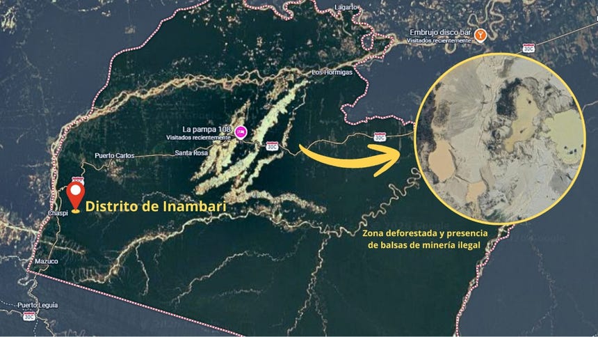 En la zona de La Pampa, ubicada en Inambari, se reportaron más de 1,600 dragas para extraer oro ilegal en 2025, de acuerdo a la Organización Conservación Amazónica.