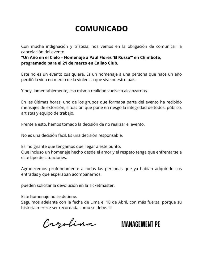 Comunicado de Carolina Jaramillo anunciando la cancelación de concierto en Chimbote en honor a Paul Flores 'El Russo' tras amenaza de extorsión.