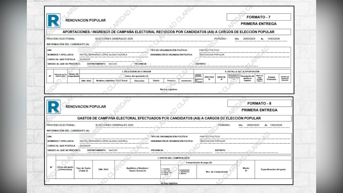 Rafael López Aliaga, candidato presidencial y al Senado por Renovación Popular, reportó cero soles en ingresos y gastos de su campaña al Parlamento.