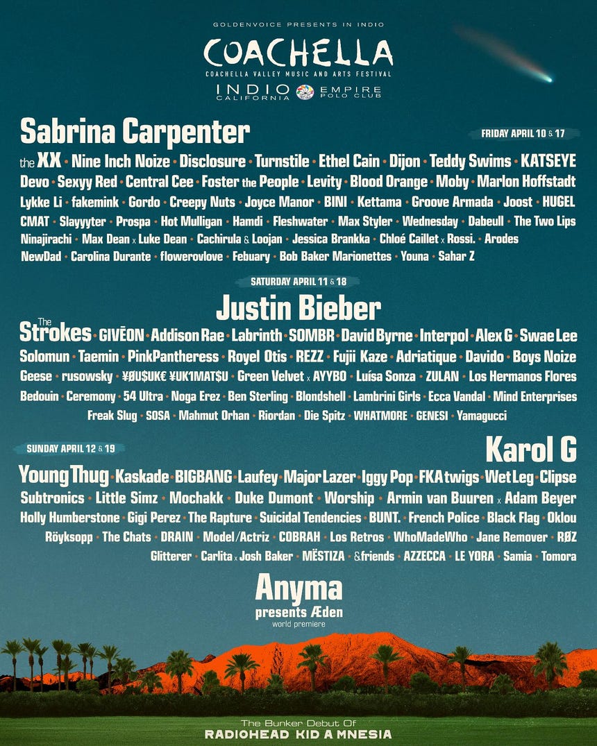 Sabrina Carpenter, Karol G, The Strokes y BIGBANG destacan en el lineup de Coachella 2026.
