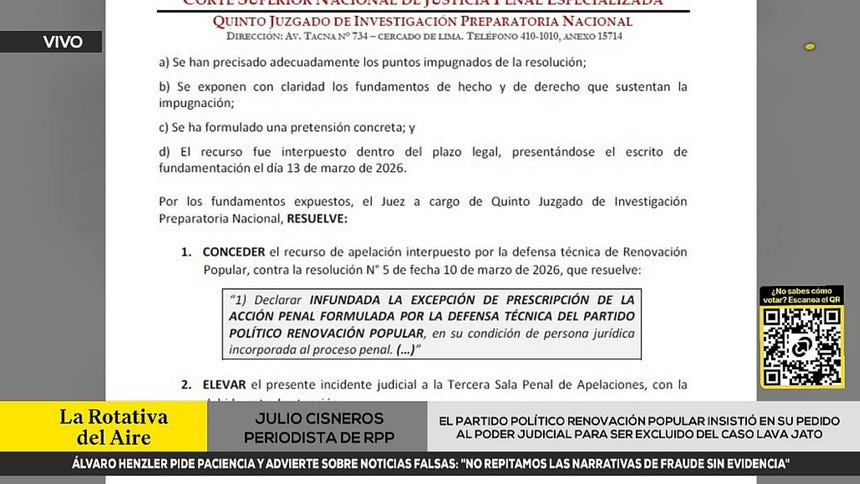 Renovación Popular insistió en su pedido al Poder Judicial para ser excluido del caso Lava Jato