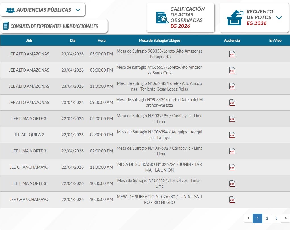 Para acceder a lista de audiencias de reconteo de votos se debe ingresar a través del recuadro 'RECUENTO DE VOTOS EG 2026'