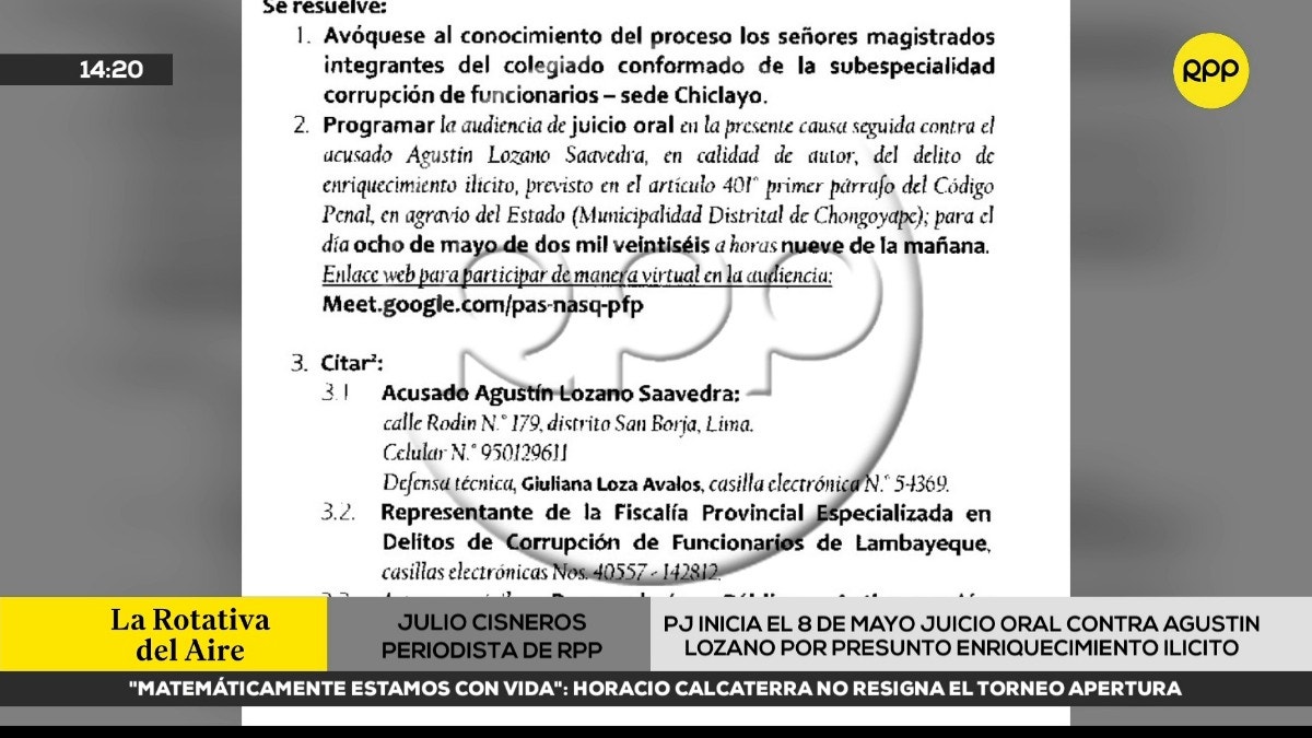 Poder Judicial inicia el 8 de mayo juicio oral contra Agustín Lozano por presunto enriquecimiento ilícito