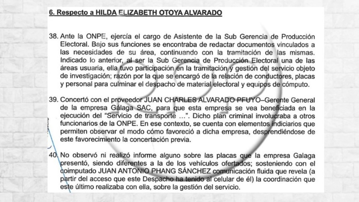 Documento fiscal en el que se describe la presunta participación de Hilda Otoya en el contrato con la empresa Gálaga.