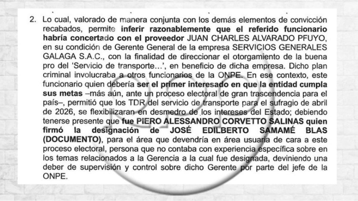 Parte del documento fiscal sobre participación de Piero Corvetto, ex jefe de la ONPE
