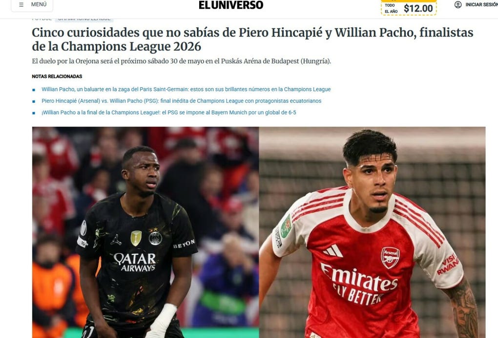 <strong>El Universo de Ecuador: </strong>Cinco curiosidades que no sabías de Piero Hincapié y Willian Pacho, finalistas de la Champions League 2026