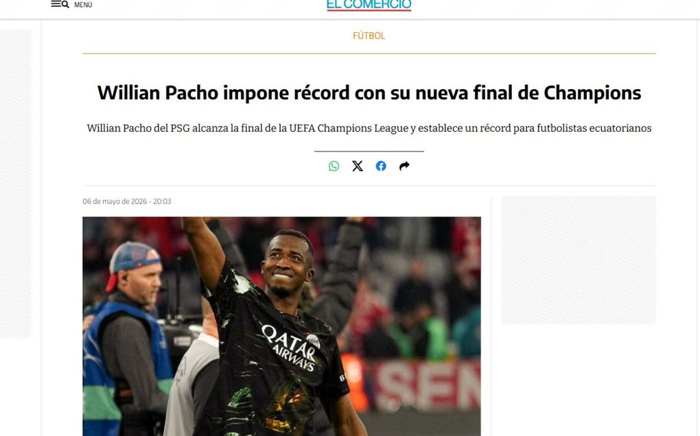 <strong>El Comercio de Ecuador:</strong> Willian Pacho impone récord con su nueva final de Champions