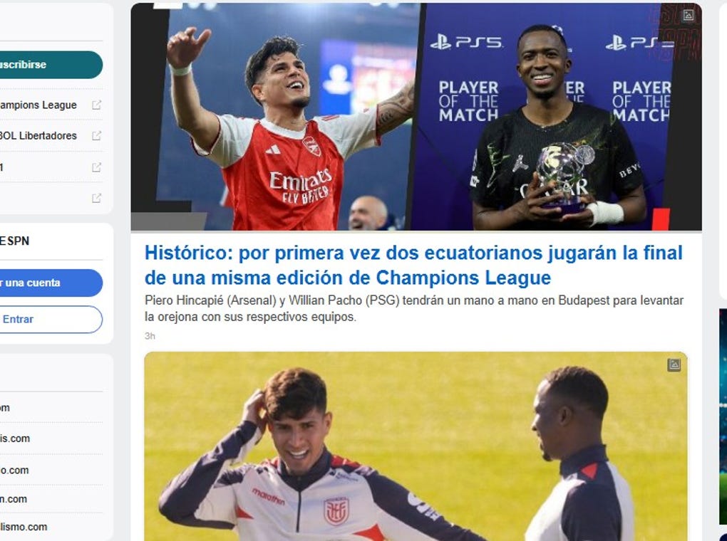 <strong>ESPN de Ecuador</strong>: Histórico: por primera vez dos ecuatorianos jugarán la final de una misma edición de Champions League