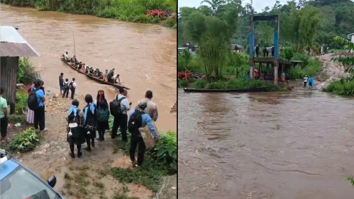 Los niños cruzan el río Wawas en un peque-peque