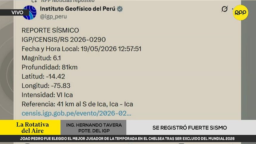 Fuerte sismo con epicentro en Ica se sintió desde Arequipa hasta Lima, según jefe del IGP