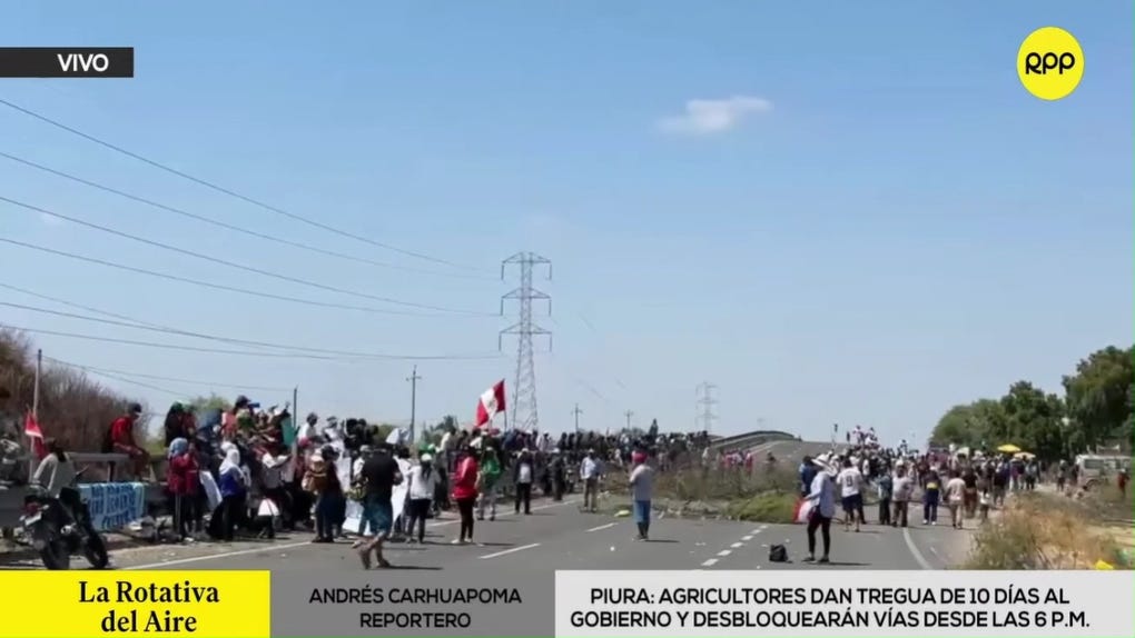 Piura: agricultores dan tregua de 10 días al Gobierno y desbloquearán vías desde las 6 p.m.