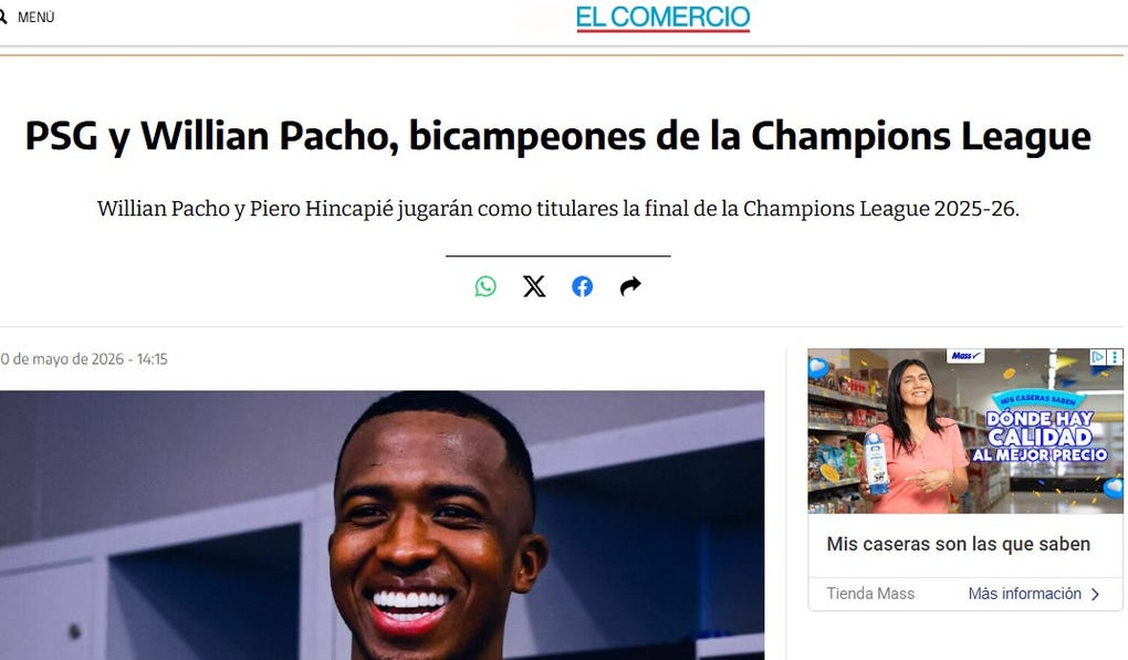 <strong>El Comercio de Ecuador:</strong> PSG y Willian Pacho, bicampeones de la Champions League