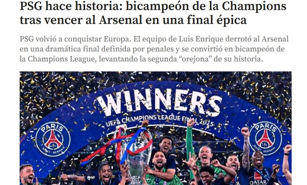<strong>El Colombiano</strong>: PSG hace historia: bicampeón de la Champions tras vencer al Arsenal en una final épica