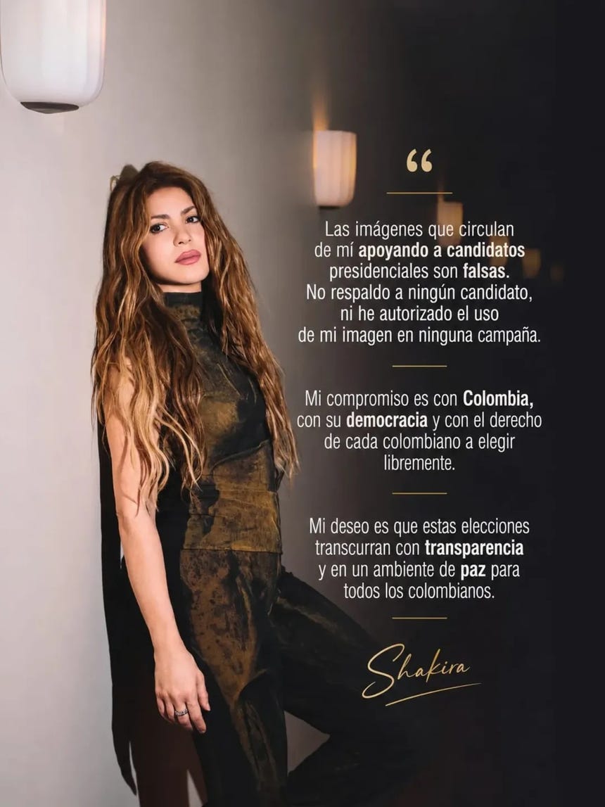 Comunicado de Shakira frente al uso de su imagen durante las elecciones presidenciales de Colombia.