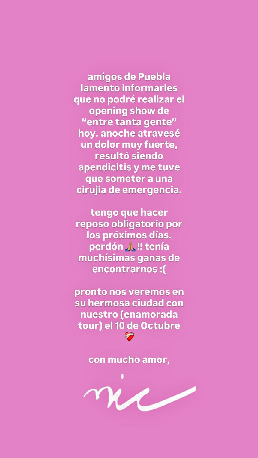 Comunicado de Nicole Zignago anunciando la cancelación de su presentación en Puebla, México.