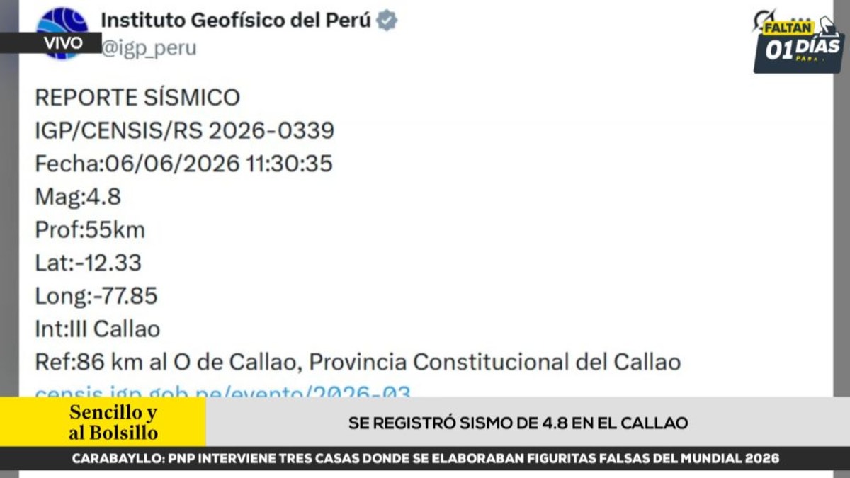 Reportan sismo de magnitud 4.8 en Lima y Callao