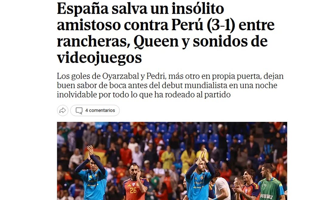 <strong>Mundo de España:</strong> España salva un insólito amistoso contra Perú (3-1) entre rancheras, Queen y sonidos de videojuegos