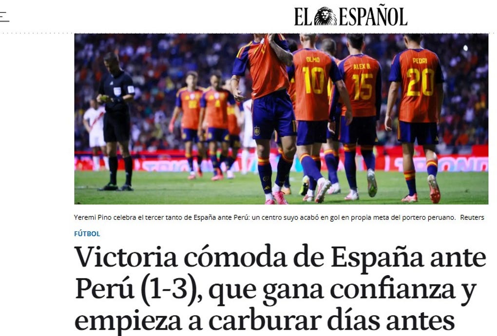 <strong>El Español:</strong> Victoria cómoda de España ante Perú (1-3), que gana confianza y empieza a carburar días antes de su debut en el Mundial