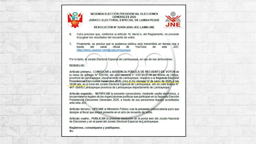 El JEE de Lambayeque programó la primera audiencia pública de recuento de votos de la segunda vuelta para el viernes 12 de junio.