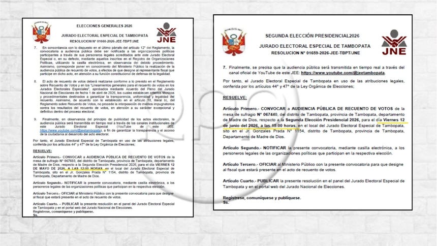 JEE Tambopata también programó audiencias de recuento de votos para este viernes 12 de junio.
