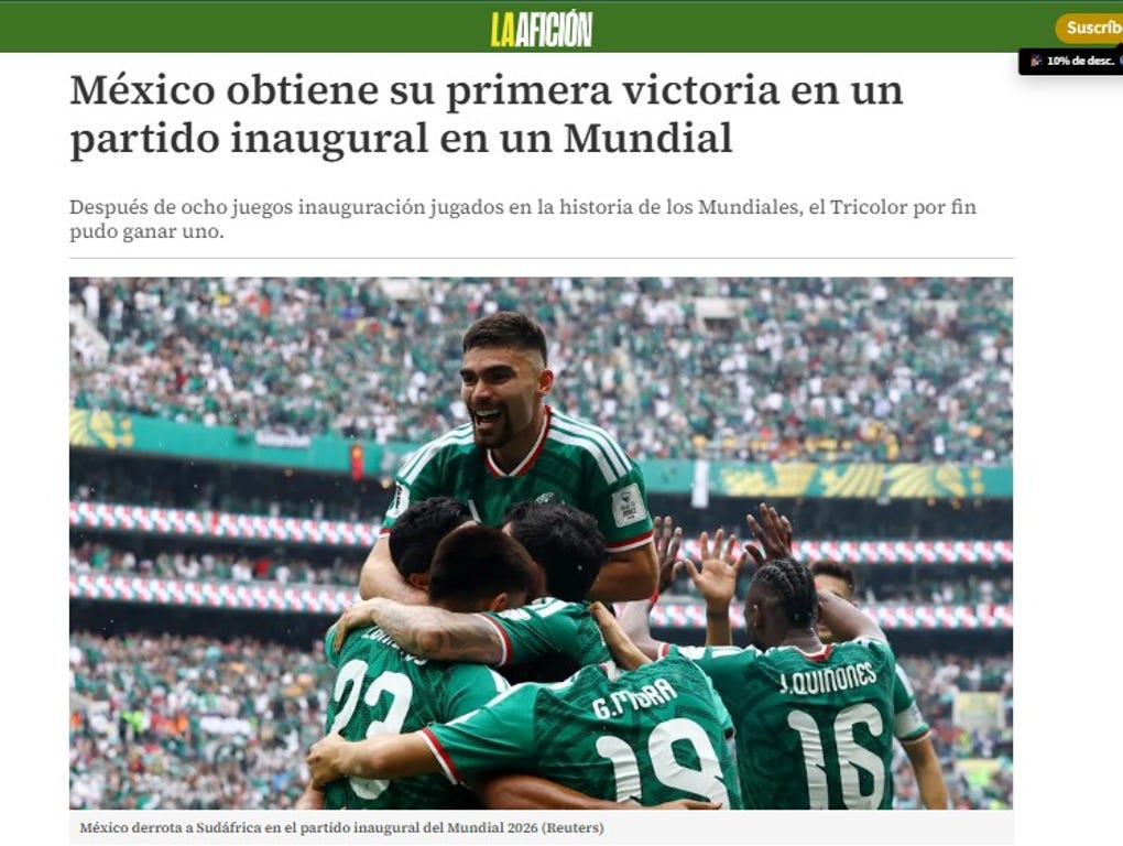 México obtiene su primera victoria en un partido inaugural en un Mundial.