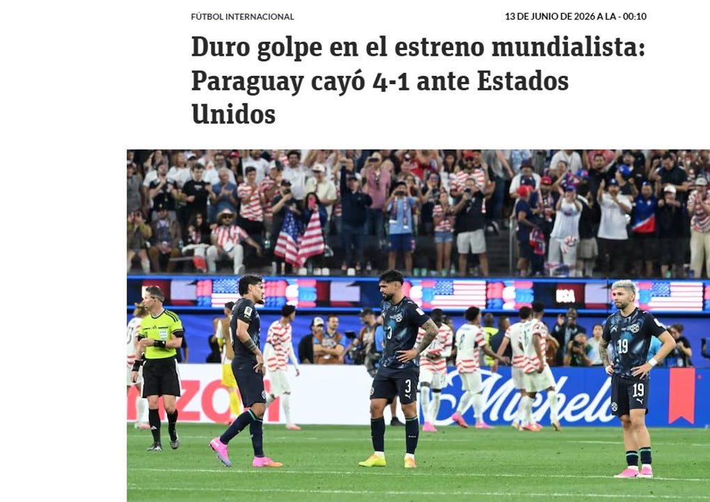 <strong>ABC de Paraguay:</strong> Duro golpe en el estreno mundialista: Paraguay cayó 4-1 ante Estados Unidos