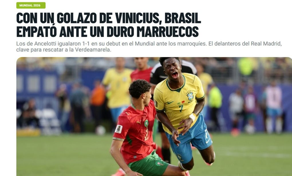 <strong>Olé de Argentina:</strong> Con un golazo de Vinicius, Brasil empató ante un duro Marruecos