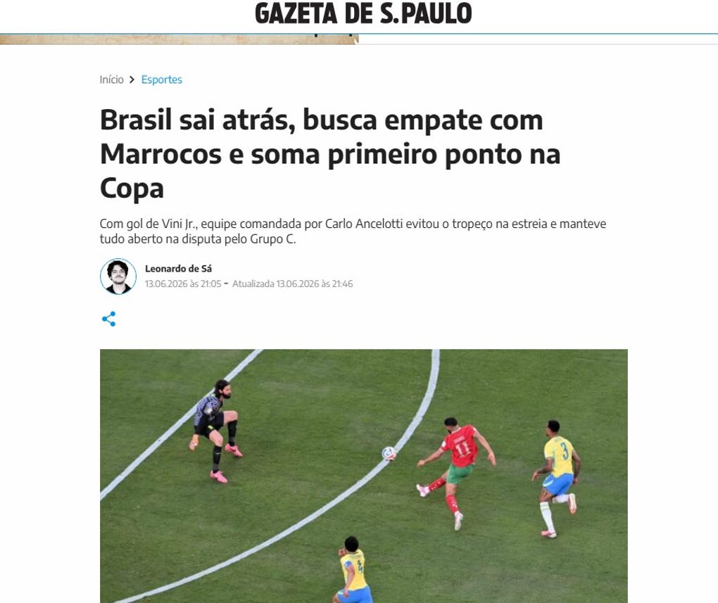 <strong>Gazeta de Sao Paulo: </strong>Brasil sai atrás, busca empatecom Marrocos e soma primeiro ponto na Copa (Brasil se ve en desventaja, pero remonta para empatar con Marruecos y consigue su primer punto en la Copa)