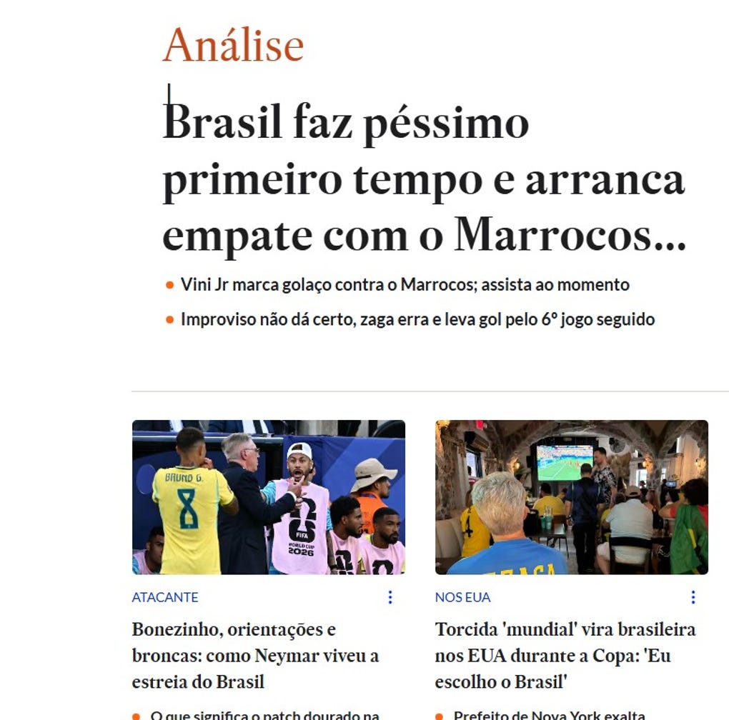 <strong>Estado de Brasil: </strong>Brasil faz péssimo primeiro tempo e arranca empate com o Marrocos (Brasil tuvo una primera parte terrible, pero logró un empate contra Marruecos