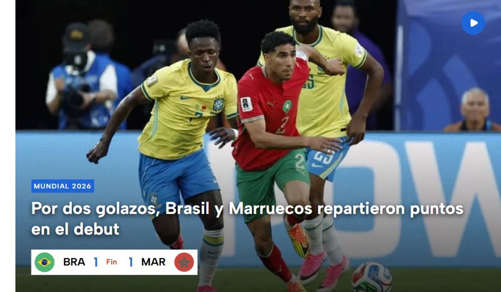 <strong>TyC Sports de Argentina:</strong> Por dos golazos, Brasil y Marruecos repartieron puntos en el debut