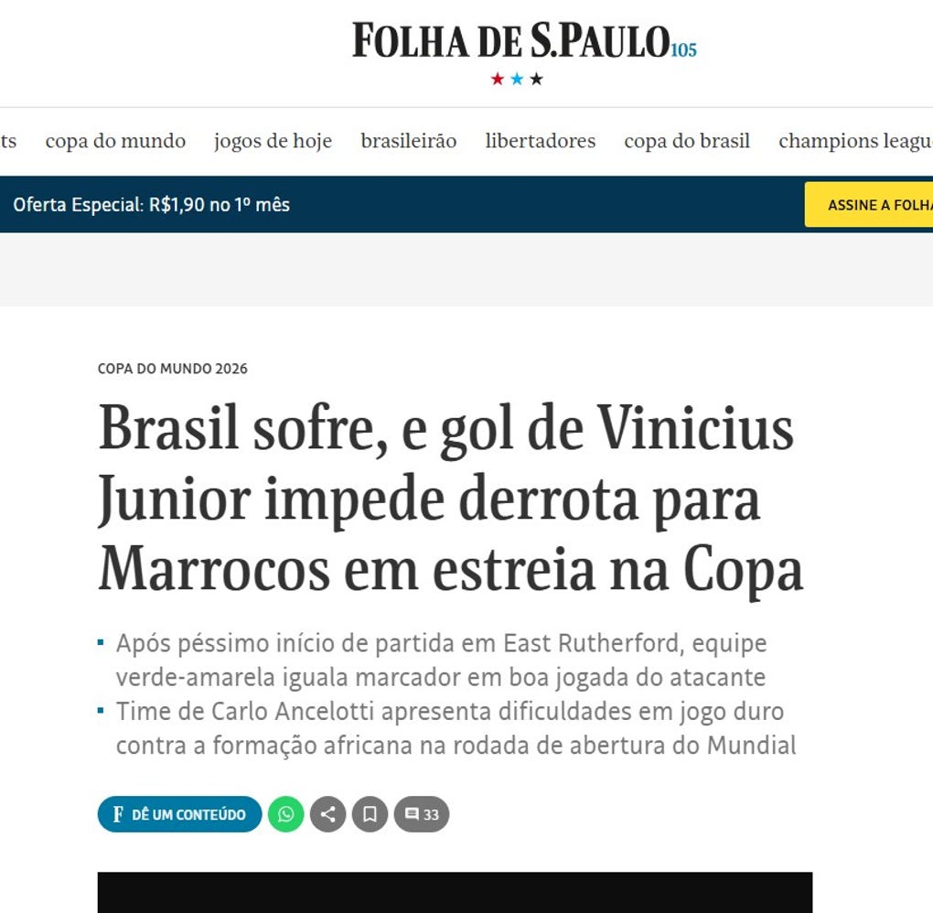 <strong>Folha de Sao Paulo:</strong> Brasil sofre e gol de Vinicius impede derrota para marrocos en estreia nai copa (Brasil tuvo dificultades, pero el gol de Vinicius evitó la derrota ante Marruecos en su debut en la Copa del Mundo