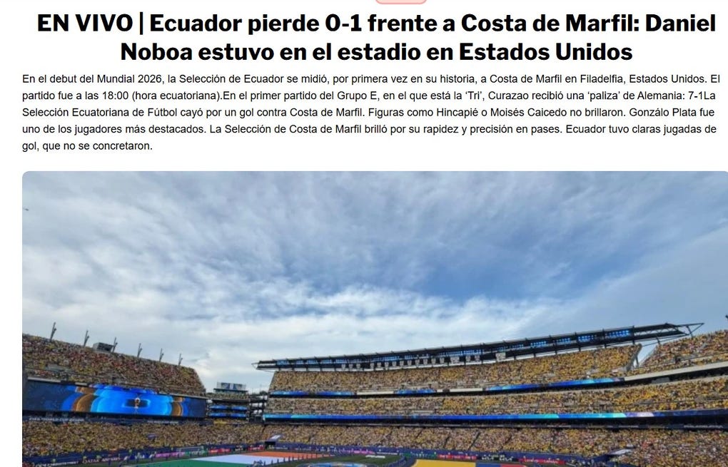 <strong>La Hora de Ecuador:</strong> <a>Ecuador pierde 0-1 frente a Costa de Marfil: Daniel Noboa estuvo en el estadio en Estados Unidos</a>