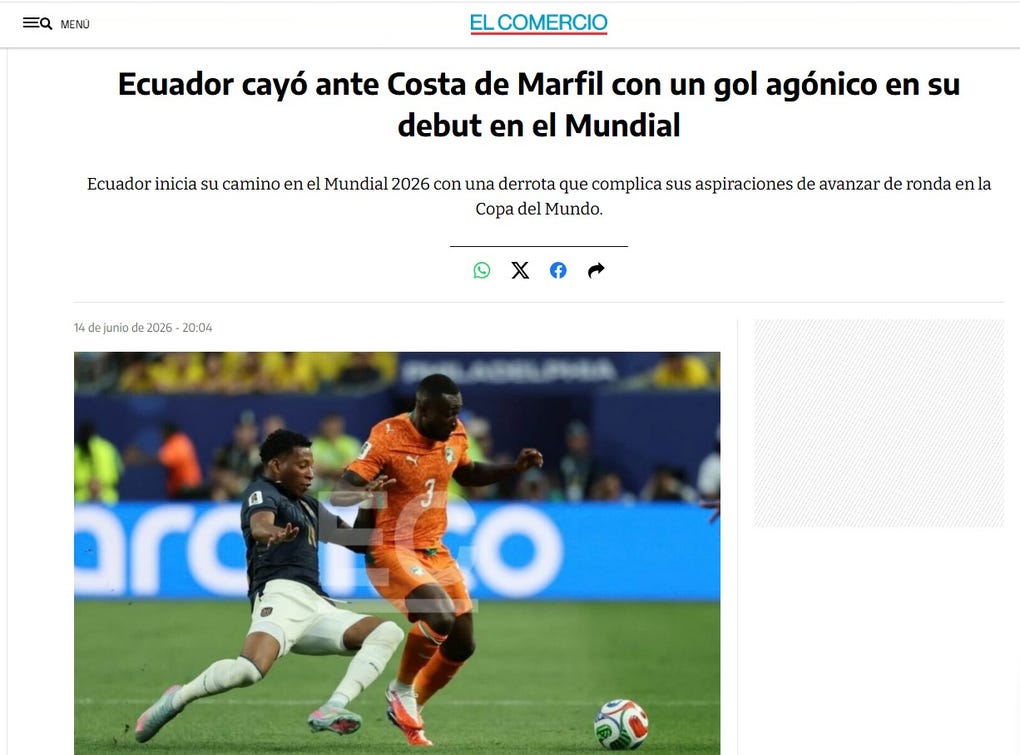 <strong>El Comercio de Ecuador:</strong> Ecuador cayó ante Costa de Marfil con un gol agónico en su debut en el Mundial