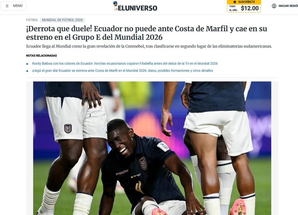 <strong>El Universo de Ecuador:</strong> ¡Derrota que duele! Ecuador no puede ante Costa de Marfil y cae en su estreno en el Grupo E del Mundial 2026