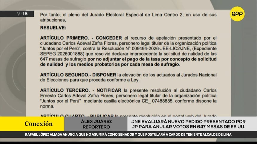 JNE to evaluate request for the annulment of 647 polling stations in the US submitted by Together by Peru
