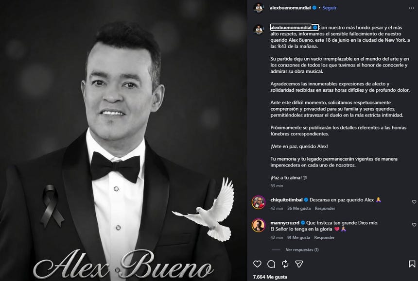 Comunicado sobre el fallecimiento Alex Bueno.