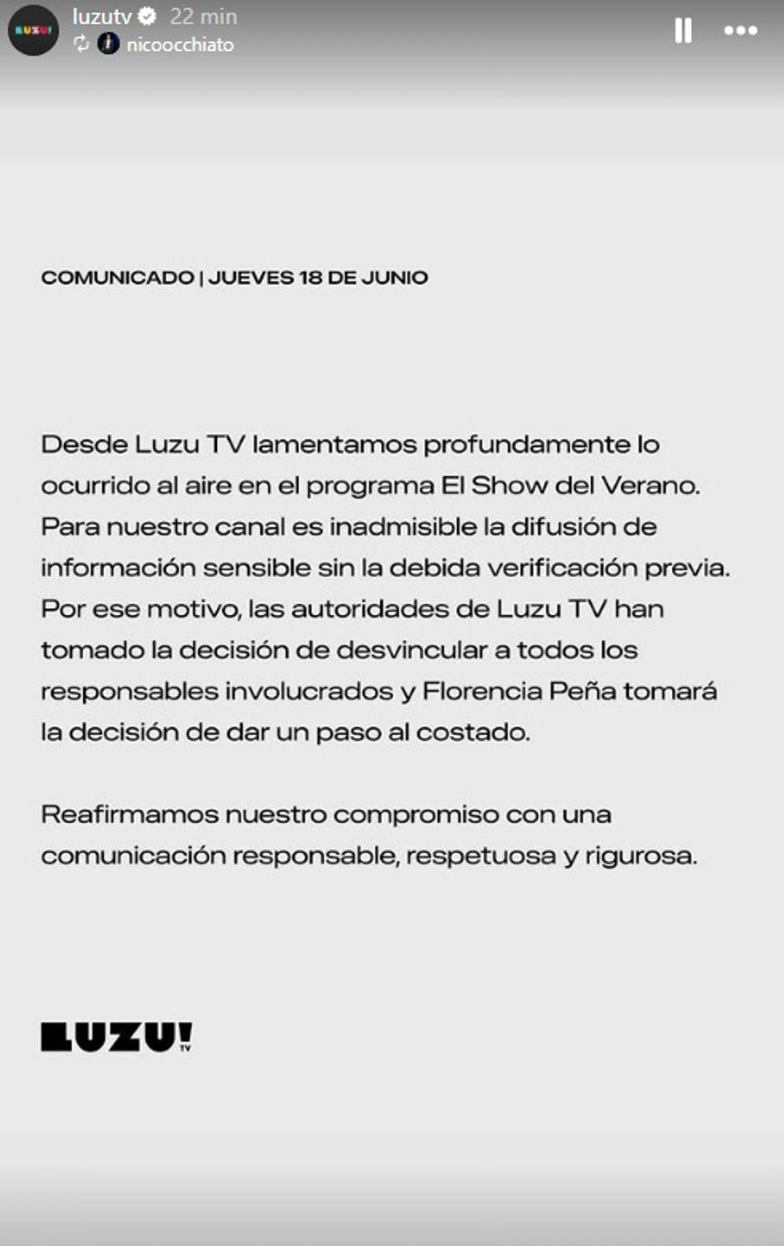 Comunicado de LUZU TV anunciado el despido de Florencia Peña.
