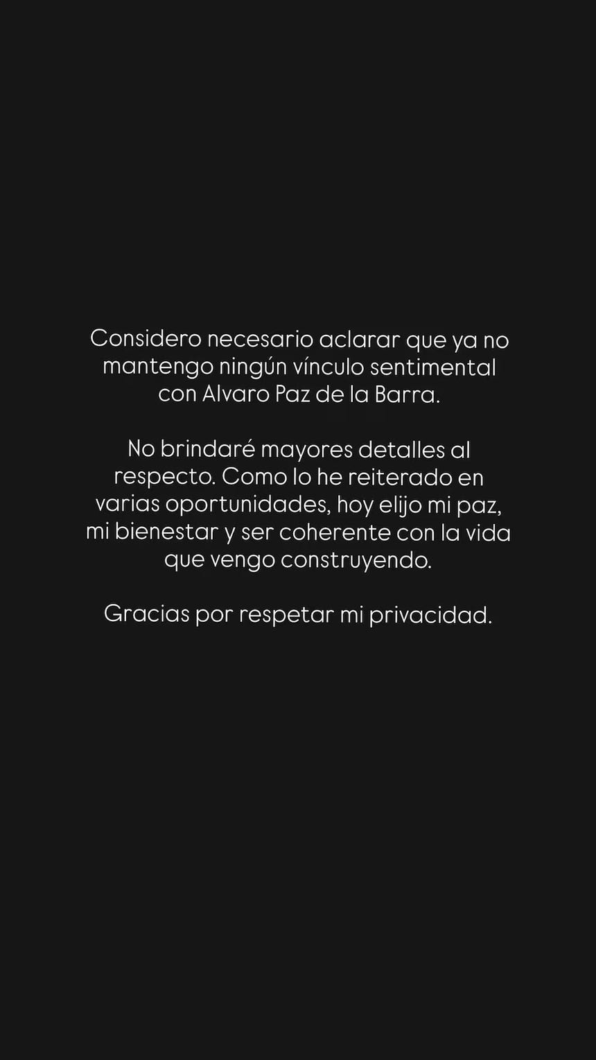 Comunicado de Andrea Cifuentes anunciando el fin de su relación con Álvaro Paz de la Barra.