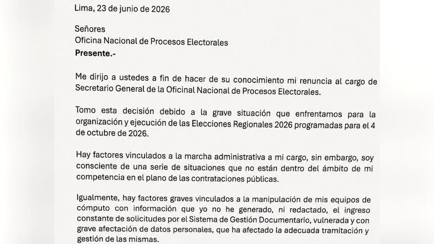 Extracto de la carta de renuncia de Elar Bolaños presentada ante la ONPE