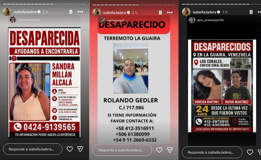 Isabella Ladera comparte los casos de personas desaparecidas en Venezuela tras el terremoto.