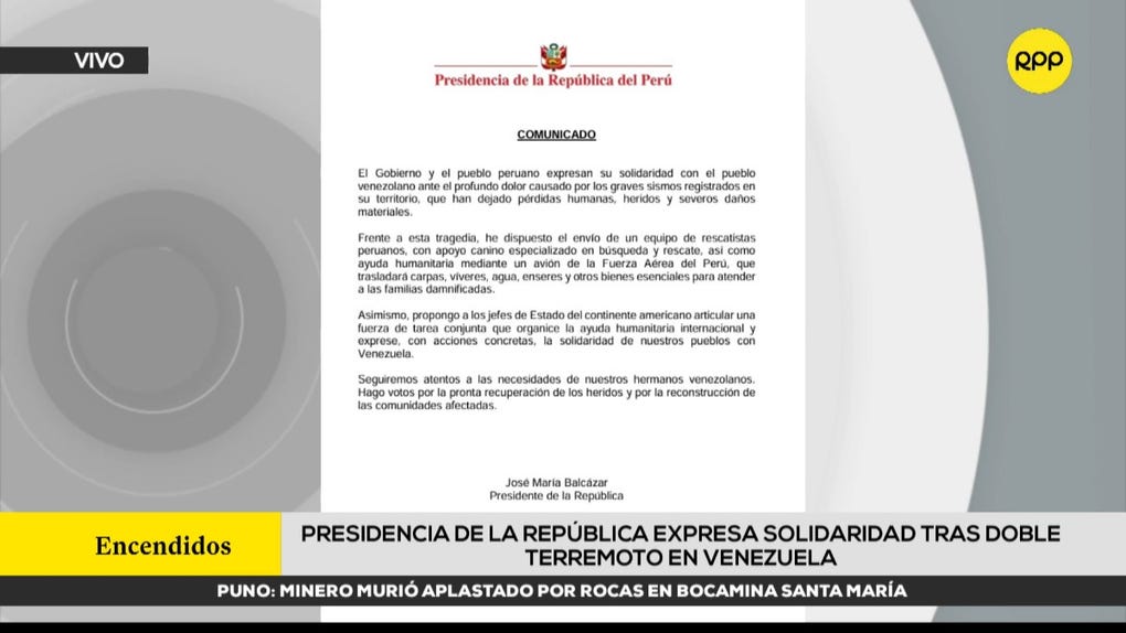 Gobierno peruano envía ayuda humanitaria y equipo de rescatistas con apoyo canino a Venezuela tras doble terremoto