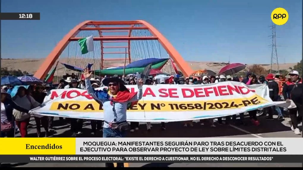 Moquegua: paro continúa tras desacuerdo con el Ejecutivo para observar proyecto de ley sobre límites distritales