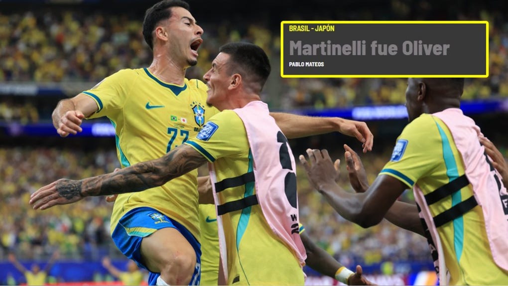 Martinelli celebra tras su gol en el Brasil vs Japón.