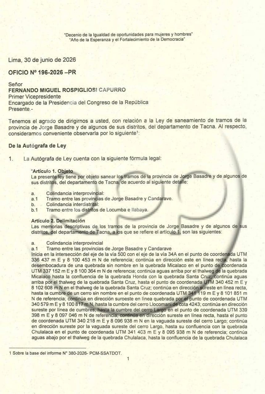 El Poder Ejecutivo observó ley que establece límites territoriales entre Moquegua y Tacna.