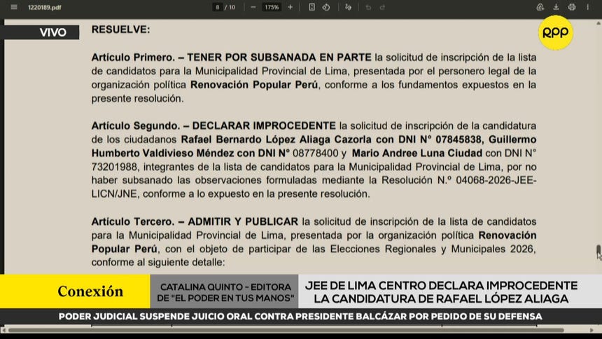 JEE de Lima Centro declara improcedente la candidatura de Rafael López Aliaga