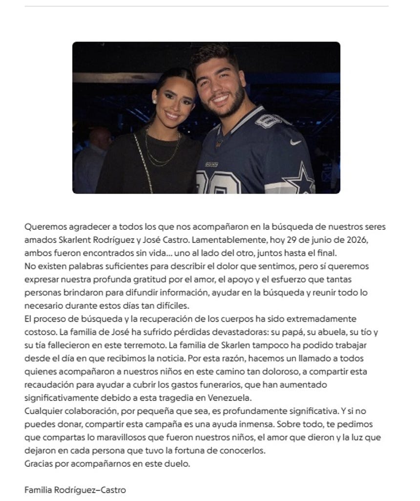 Comunicado de la familia de Skarlent Rodríguez confirmando la muerte de la modelo venezolana.